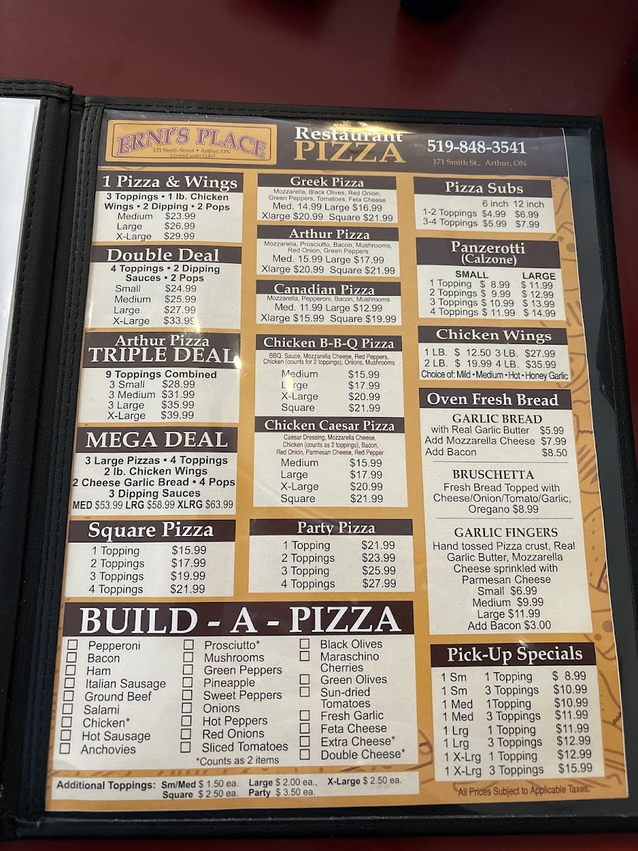 Hand-tossed pizza served at Erni's Place Restaurant & Pizza in Arthur